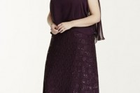 a plum-colored embellished maxi dress with a sheer top over it for a formal wedding