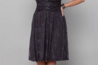 a grey lace knee dress with an illusion neckline and short sleeves plus colorful shoes and a highlighted waist