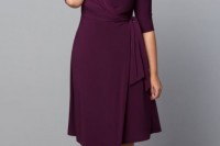 a plum-colored knee wrap dress with a draped bodice and short sleeves is a very comfortable option