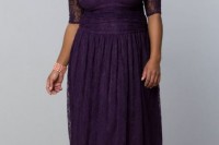 a purple lace midi dress with short sleeves, a V-neckline and nude heels will always work