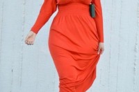 a fitting coral midi dress with long sleeves, embellished shoes and a statement necklace for a statement
