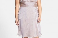 a blush ruffled and draped knee dress with a V-neckline and a wide sash is a chic and very refined idea