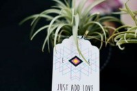 a modern wedding favor of an air plant with a geometric tag is a cool modern wedding favor to rock