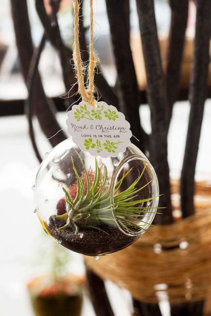 a wedding favor of a glass bubble with an air plant and a personalized tag is a lovely idea for a modern wedding