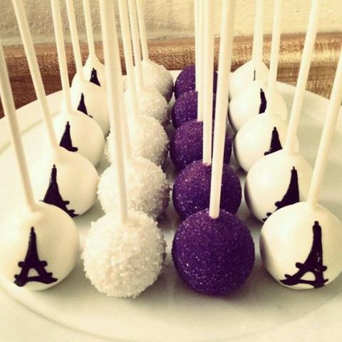 black and white glitter and Eiffel Tower cake pops are perfect sweets for your Parisian bridal shower or as favors