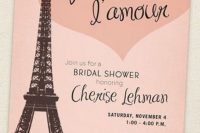 a cute pink Parisian bridal shower invitation with a heart and an Eiffel Tower is a lovely idea for your bridal shower party