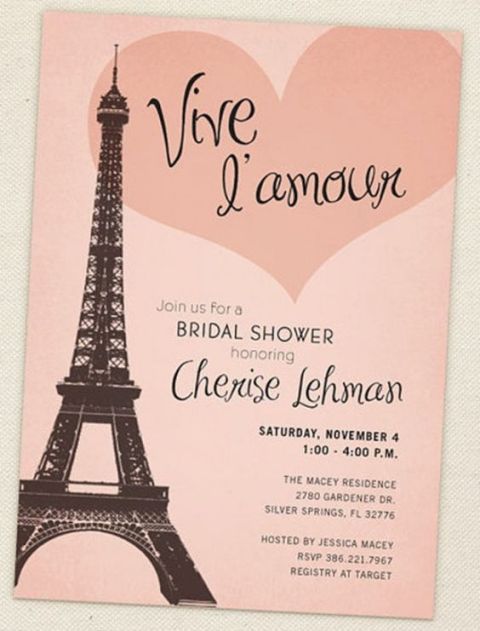 a cute pink Parisian bridal shower invitation with a heart and an Eiffel Tower is a lovely idea for your bridal shower party