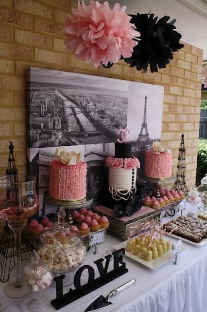 a gorgeous Parisian themed sweets table for your bridal shower, with pink sweets, cupcakes and candies plus various other desserts is amazing