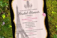 a black and white plus gold glitter Parisian-themed bridal shower party invitation is a lovely idea that you can DIY
