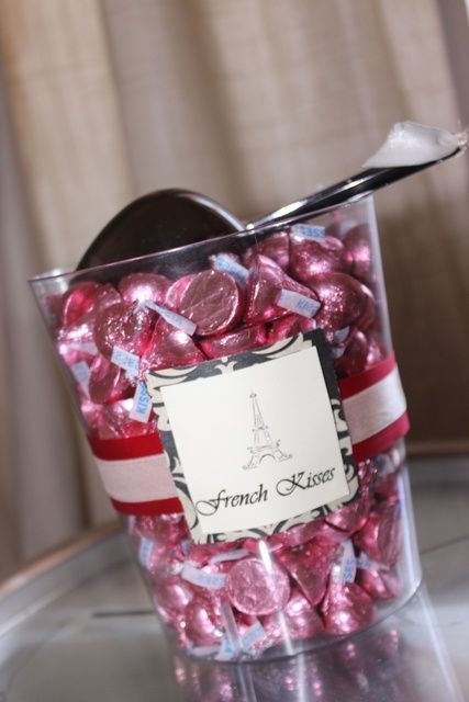 a jar with French kisses   chocolate   is a lovely idea for a Parisian themed bridal shower, let your guests enjoy