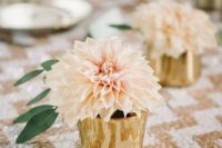 gold vases with blush dahlias can line up the table instead of a usual wedding table runner and give it a delicate touch