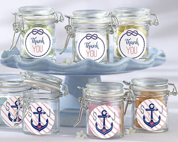 candies packed into stylish jars with anchor stickers are a simple budget-friendly idea for a nautical bridal shower