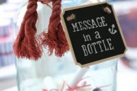place a large bottle or carafe with sand and rope on it plus a tag to let your gals leave ideas and wishes for your wedding or dates