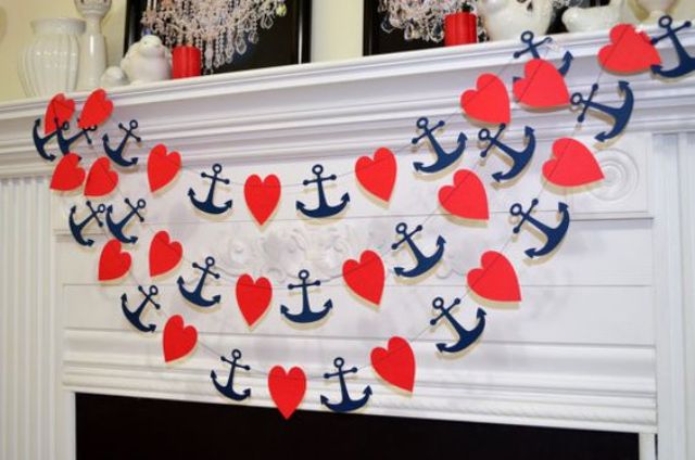 heart and anchor garlands can be easily DIYed to decorate your nautical bridal shower