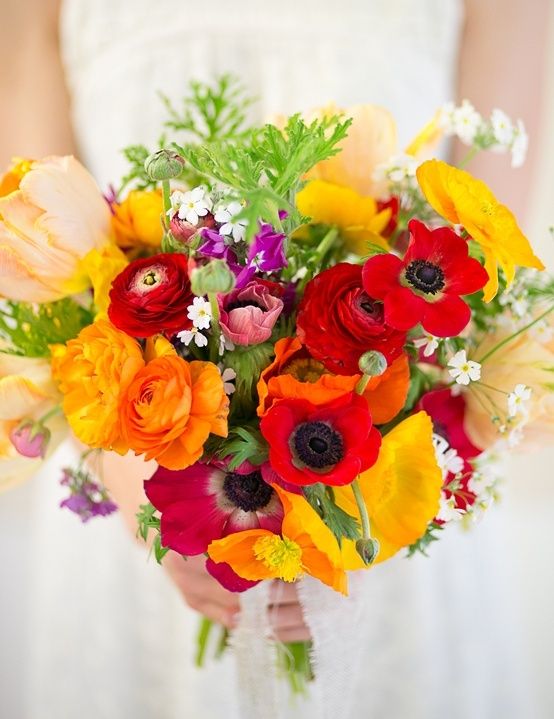a colorful wedding bouquet of red anemones and ranunculus, yellow poppies and ranunculus, some greenery