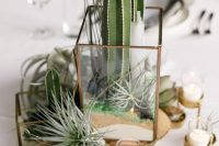 a creative wedding centerpiece of wod slices, cacti in glass candle lanterns, air plants, and candles is amazing