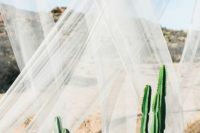 a desert boho wedding space done with light and airy curtains, with potted cacti and succulents for a fresh look