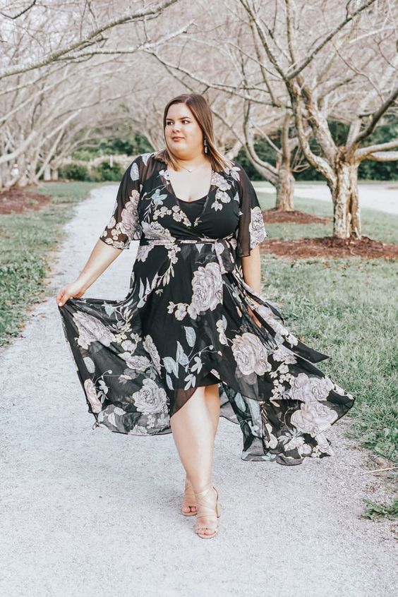 a flowy black floral dress with a high low skirt, short sleeves and nude shoes make up a feminine look