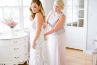 a maxi blush A-line gown with a grey lace bodice is an exquisite outfit with a glam feel to rock