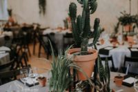 a wedding centerpiece of potted succulents, cacti and greenery is ideal for a desert or just boho wedding