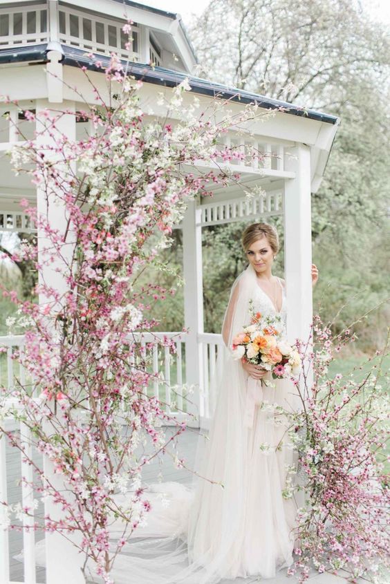 a white chuppah decorated with pink and white cherry blossom is a lovely idea for a spring wedding