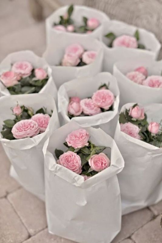 potted pink peonies in paper bags are cool spring or summer wedding favors