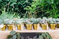 potted greenery and succulents as wedding favors is a cool sustainable wedding favor idea