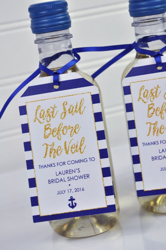 mini wine bottle favors with personalized tags as cute nautical bridal shower favors