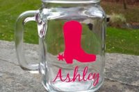 personalized jar mugs with cowgirl boots and names are amazing for accenting such a themed bridal shower