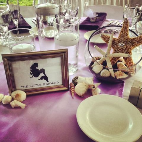 a purple mermaid bridal shower table with floating candles, starfish and seashells, white porcelain and a print