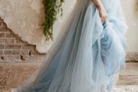 Blue Ruffled Skirt With A Lace Bodice