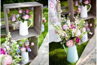 beautiful white and pastel porcelain jugs with pastel and bold blooms and greenery are amazing wedding decor or centerpieces to DIY