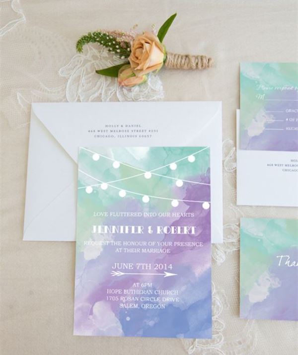 Purple And Green Watercolor Wedding Invitations