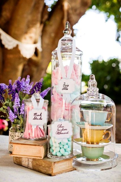 Sweet table centerpiece for Alice in Wonderland bridal shower
