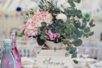 a beautiful rustic wedding centerpiece of a neutral metal jug, neutral and pink blooms and greenery, thistles and pink candles around is a cool solution for a pastel wedding