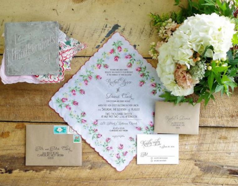 Vintage Inspired Floral Handkerchief Wedding Invitation