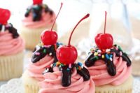 strawberry sundae cupcakes with chocolate, sprinkles and cherries on top are amazing to serve at a retro bridal shower