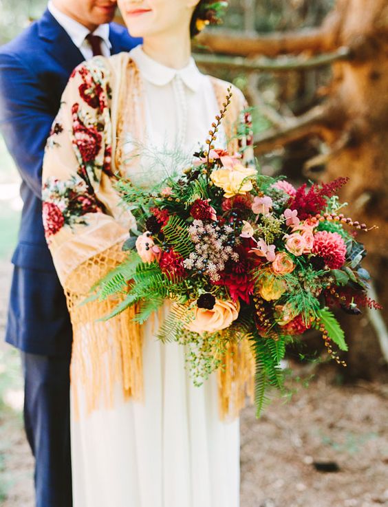 boho chic fall wedding bouquet and cover up