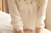 04 blush skirt, lace white blouse and a pearl necklace