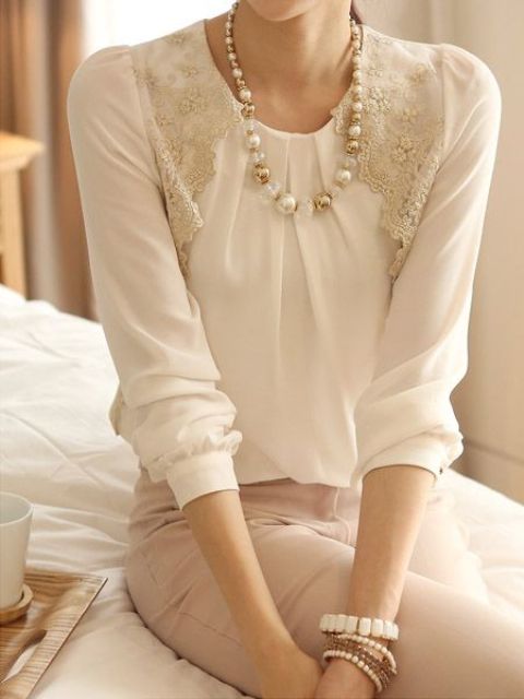 blush skirt, lace white blouse and a pearl necklace