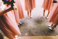 05 tea-length peach bridesmaids dresses