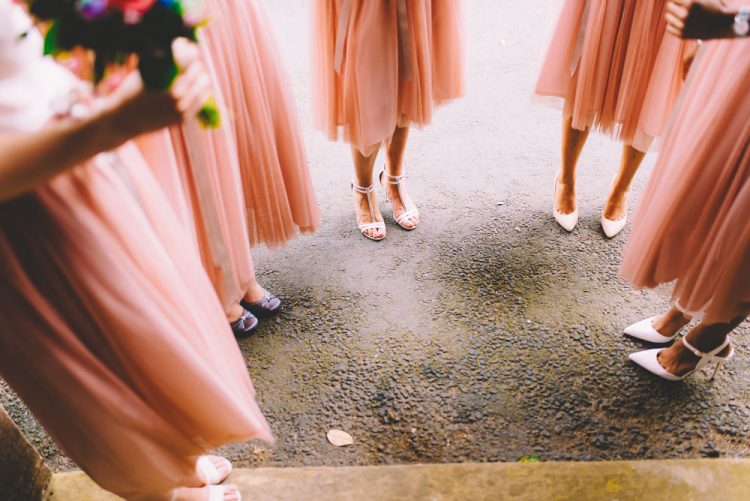 tea-length peach bridesmaids dresses