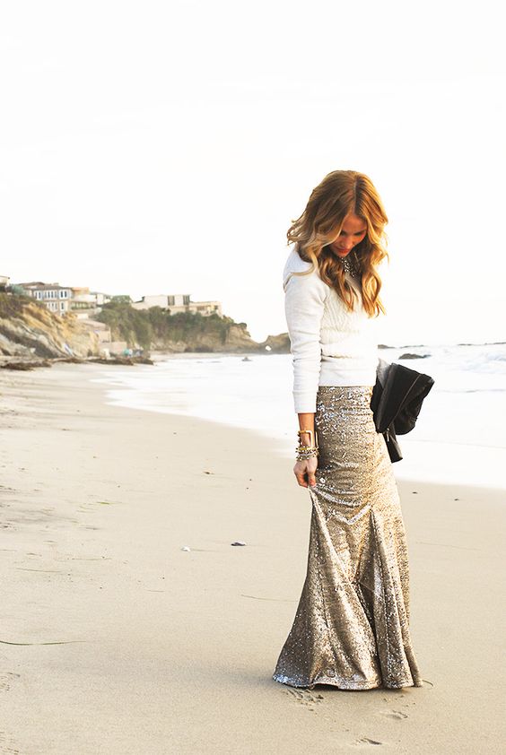 sequin maxi and a white sweater