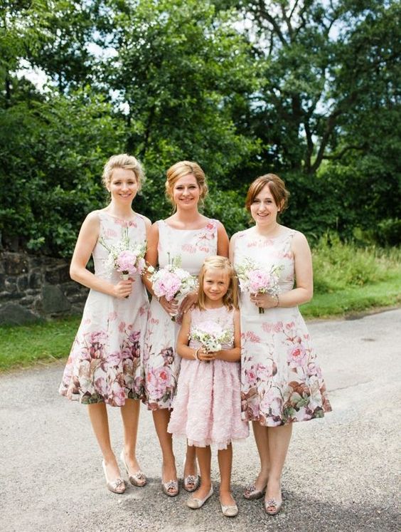 retro-inspired floral bridesmaids dresses