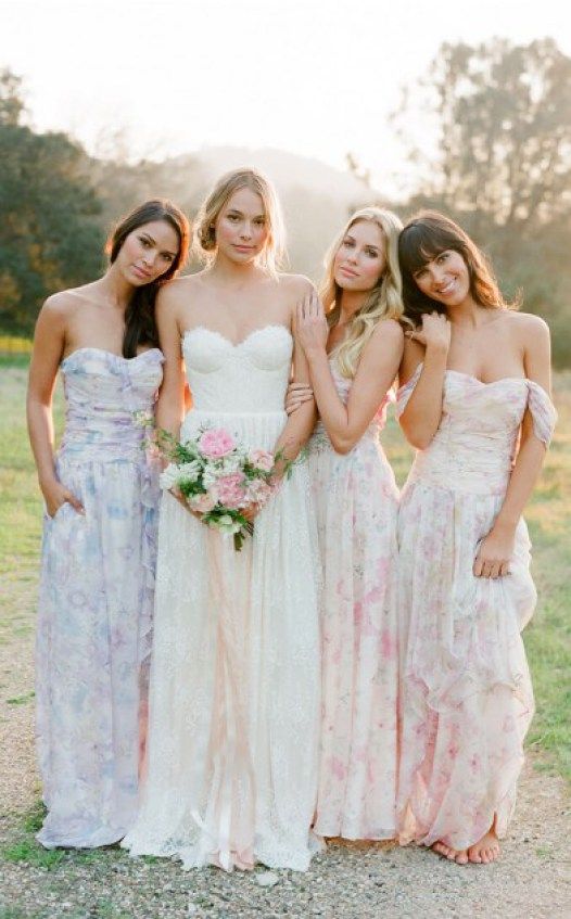subtle floral bridesmaids gowns
