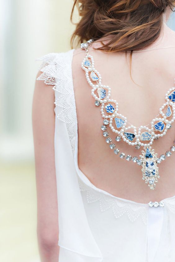 blue statement necklace with pearls