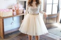 a pretty bride-to-be look with a white tutu, lace shirt and grey pumps is a glam and chic girlish look