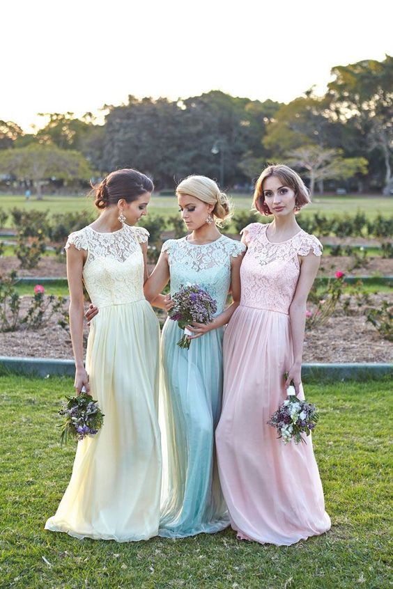 pastel lace top bridesmaids dresses