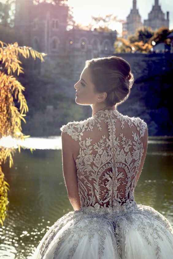 wedding dress with a lace and embellished back