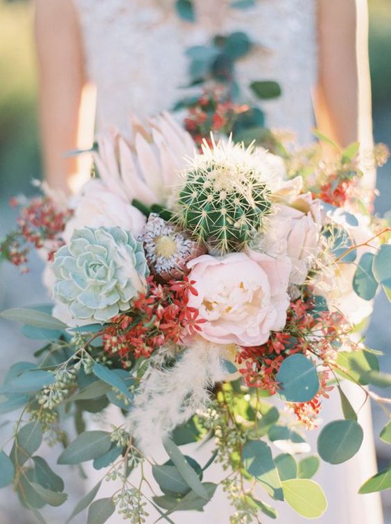 flowers, cactus and succulent wedding bouquet